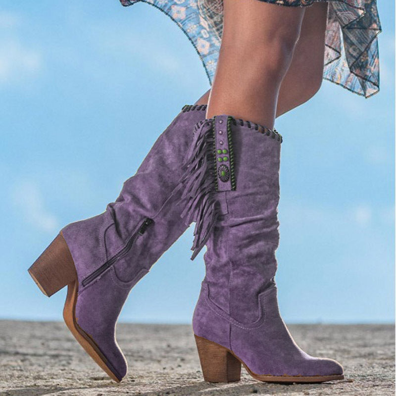 Botas altas de mujer con flecos y efecto escarchado