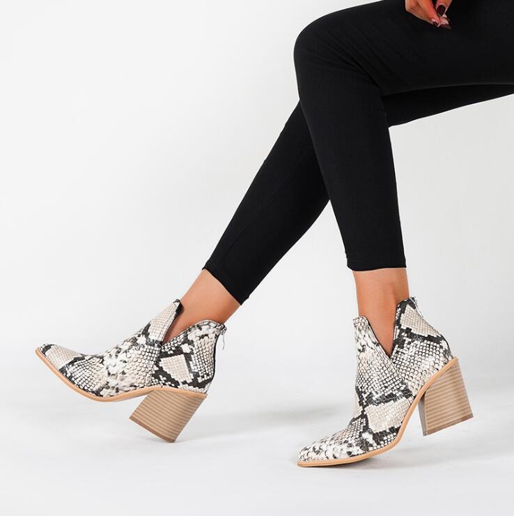 Botas cortas con estampado de leopardo para mujer, tacón alto, tacón grueso y puntiagudo