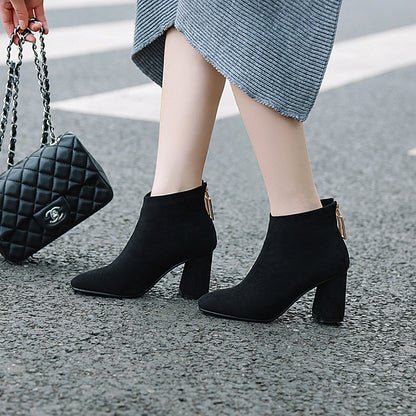 Suede back zipper chunky heel ankle boots