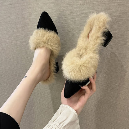 Women's Autumn Winter New Fashion Casual Pointed-toe Coarse-heeled Slippers