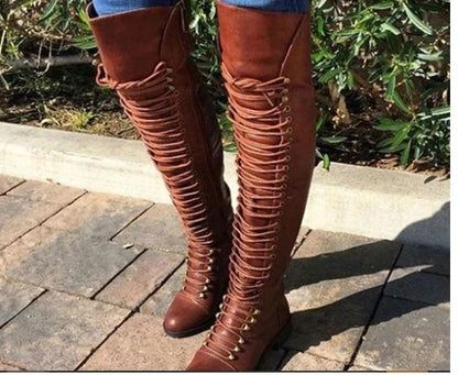 Women's Retro Pu Cross Strap Block Heel Knee High Boots