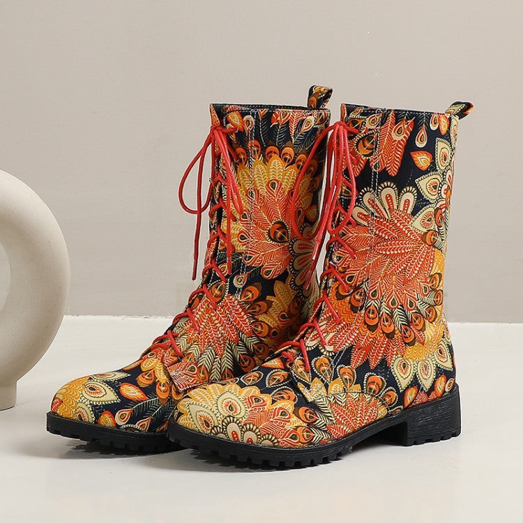 Botas cortas con estampado floral étnico de talla grande para mujer