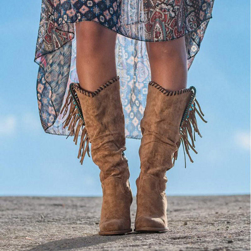 Frosted high-tube fringed women's boots