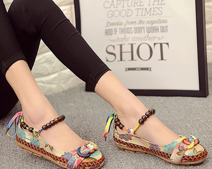 Vintage beaded embroidered lace cloth shoes national wind straps shallow mouth single shoes