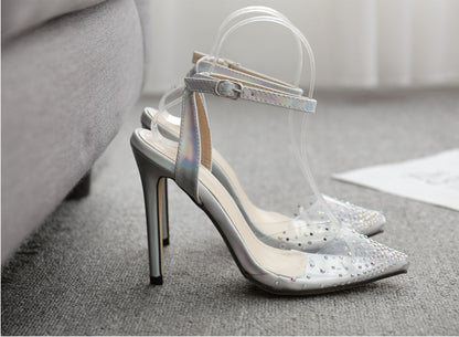 Pointed diamond sandals for women with stiletto heels