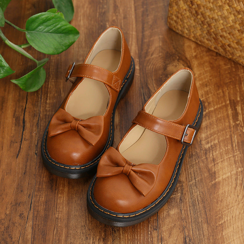 Round Head British Style Mary Jane Female Flat Shoelace Cute Bow Lady Brown