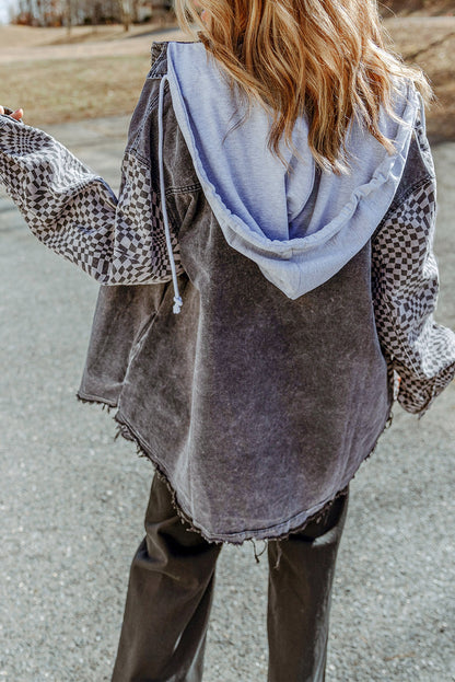 Veste à capuche à carreaux avec ourlet brut et cordon de serrage