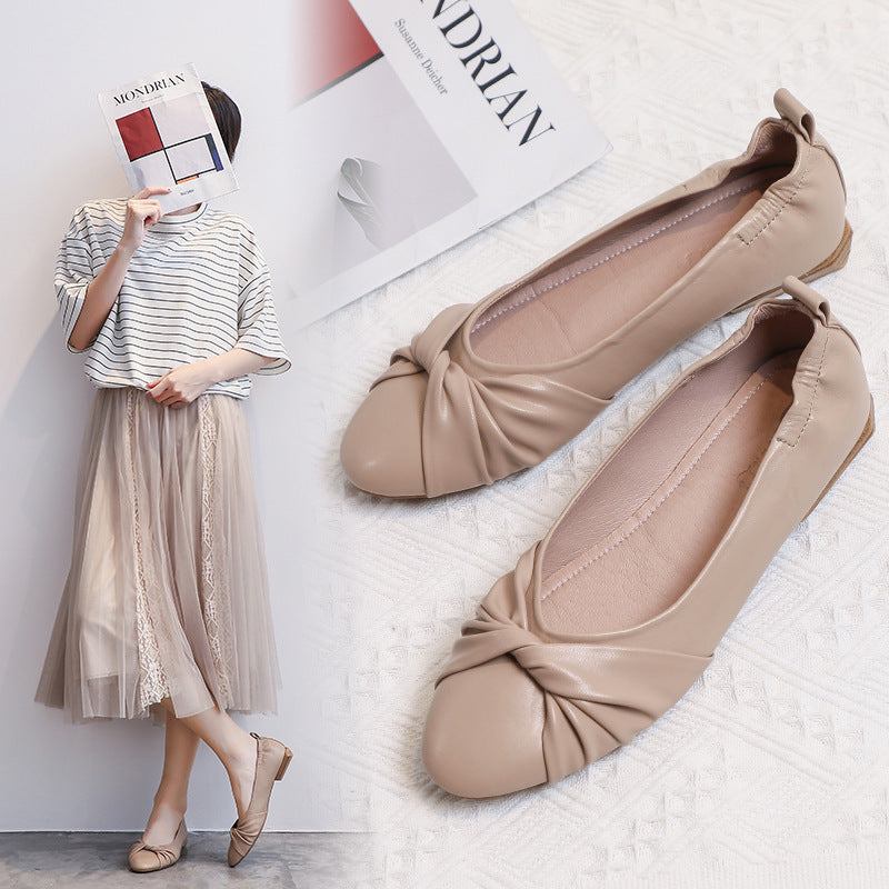 Leather Pea Single Shoes Women''s Summer Soft Bottom Flat Bottom Versatile