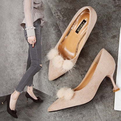 Europa y América otoño e invierno con tacones altos puntiagudos banquete gamuza stiletto con gato y piel sexy zapatos individuales boca baja zapatos elegantes