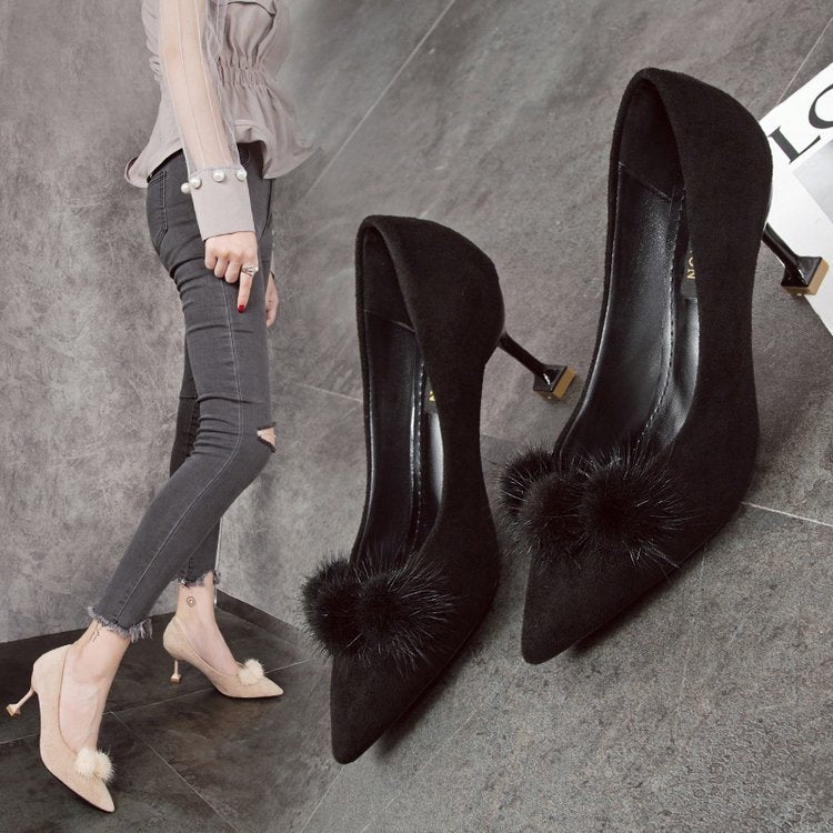 Europe and America fall and winter with high heels pointed banquet suede stiletto with cat and sexy fur single shoes shallow mouth elegant shoes