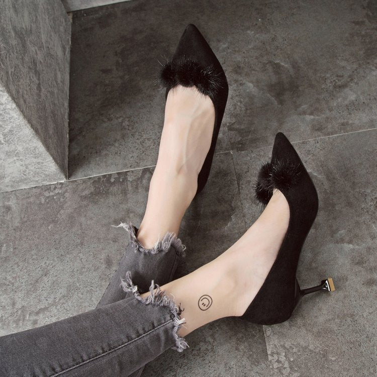 Europe and America fall and winter with high heels pointed banquet suede stiletto with cat and sexy fur single shoes shallow mouth elegant shoes