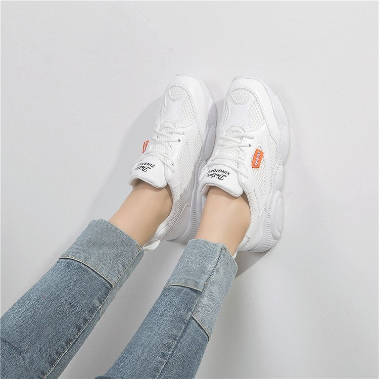 Stitching sneakers for ladies spring bear sole low top lace up shoes for ladies platform soles small white shoes