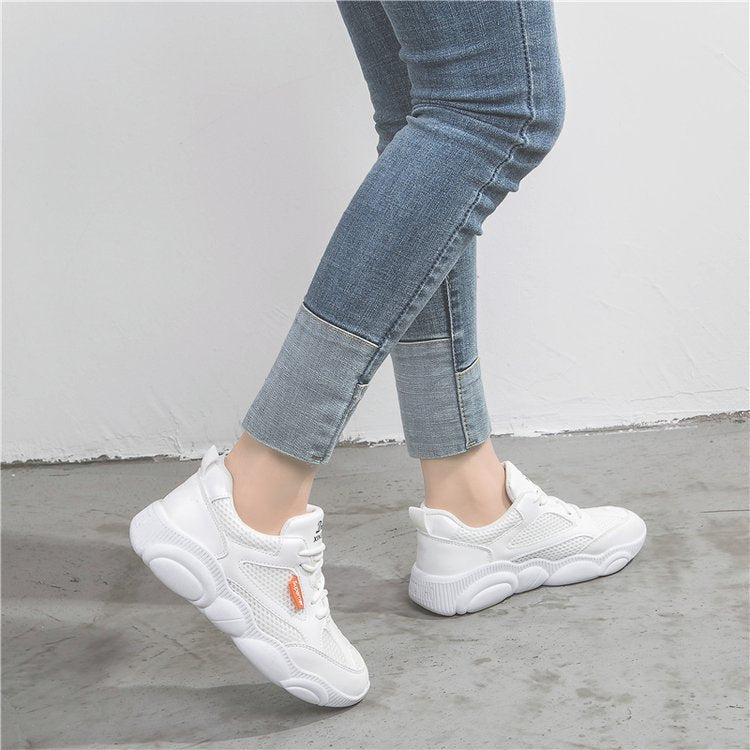 Stitching sneakers for ladies spring bear sole low top lace up shoes for ladies platform soles small white shoes