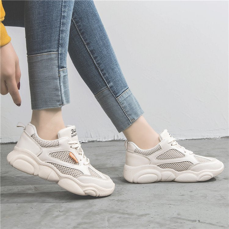 Stitching sneakers for ladies spring bear sole low top lace up shoes for ladies platform soles small white shoes