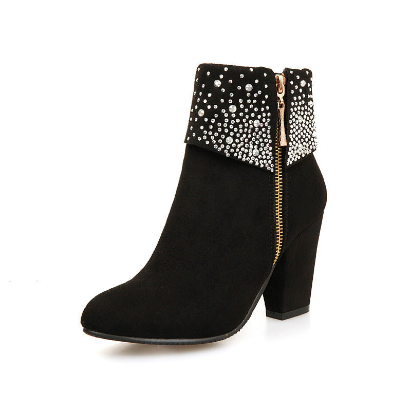 Rhinestone nubuck short heel women boots