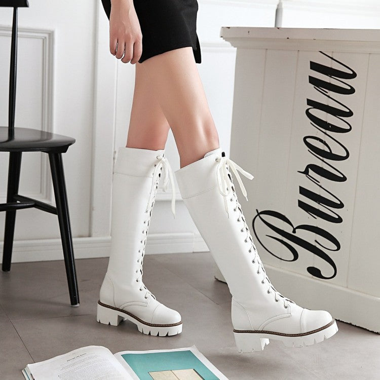 Lace-up low heel high boots