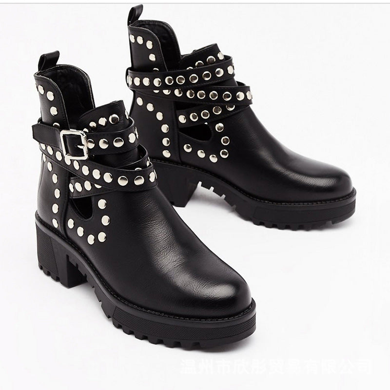 Women's round head rivet single boots