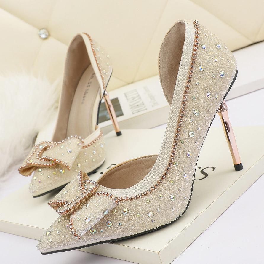 Rhinestone Net Celebrity Women's Single Shoes Stiletto Side Banquet Women's Shoes