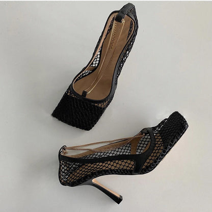 Mesh cut chain high heel small square sandals