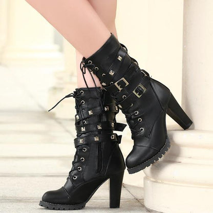 Rivet motorcycle boots oversize high heel ankle boots