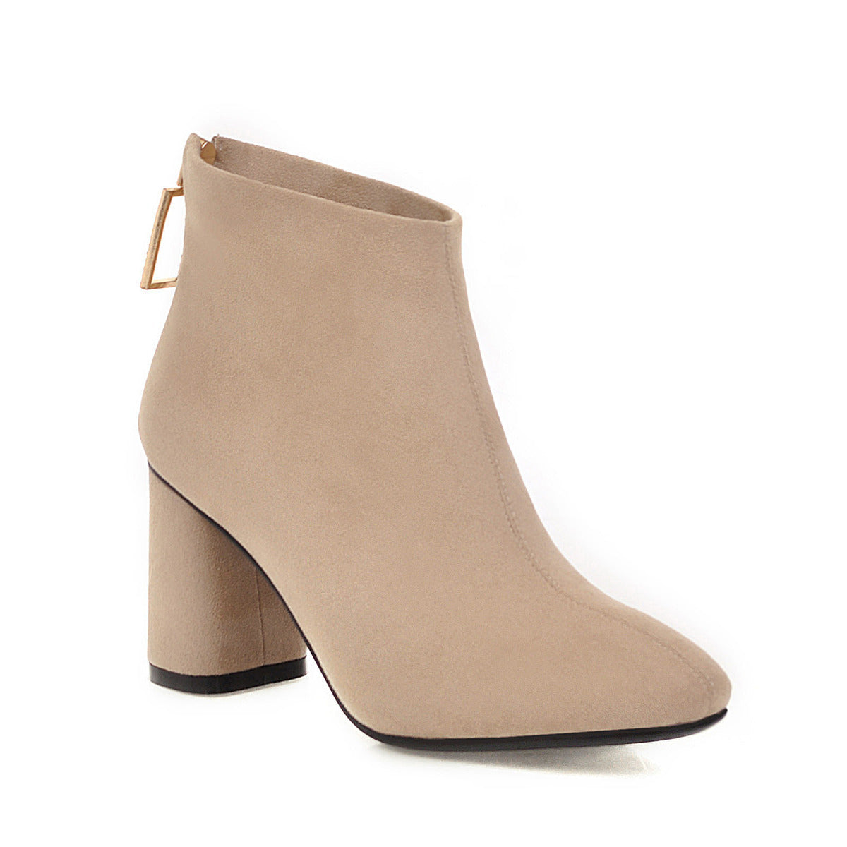 Suede back zipper chunky heel ankle boots