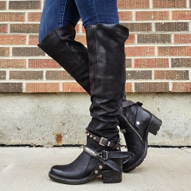 Women's thick mid-heel rivet belt buckle boots