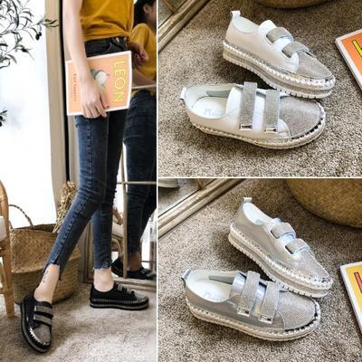 Autumn rhinestone Velcro thick white shoes