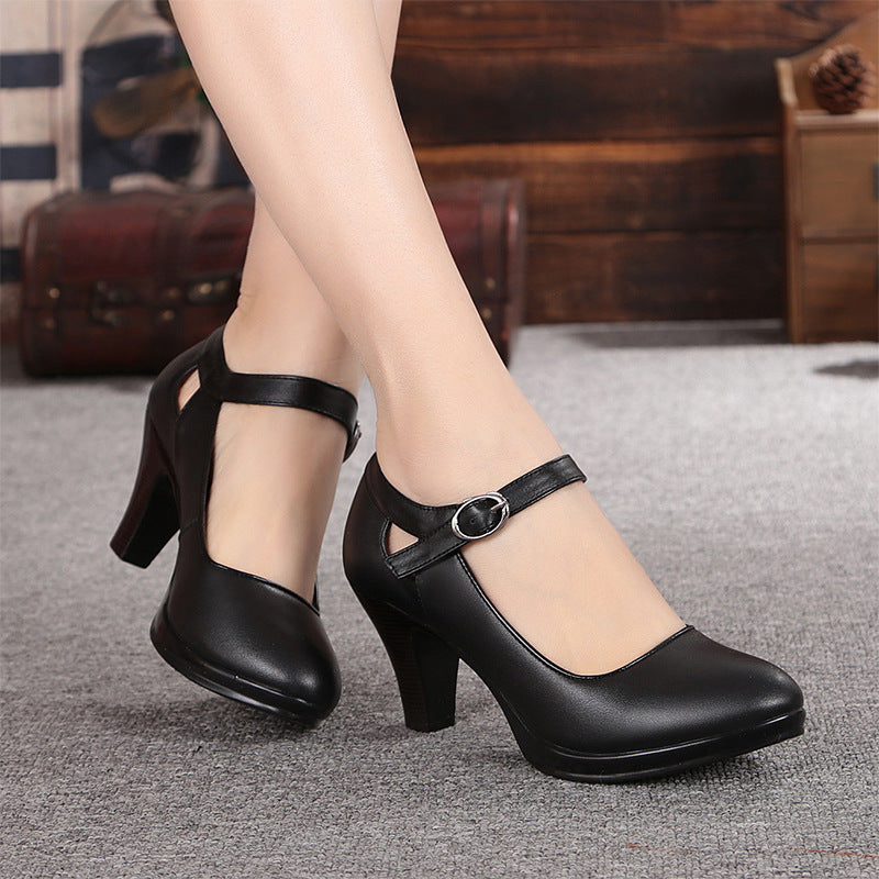 Women's Mid Heel Round Head Leather Single Shoes