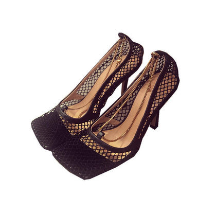 Mesh cut chain high heel small square sandals