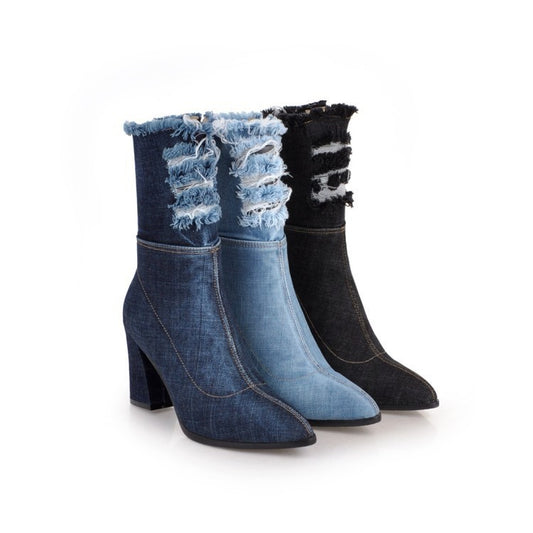 Bottines courtes en jean à talons épais