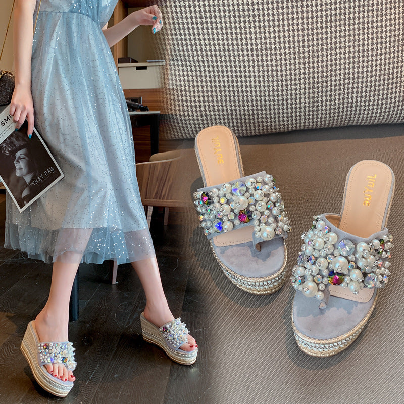 Summer new slope with pearl sandals and slippers