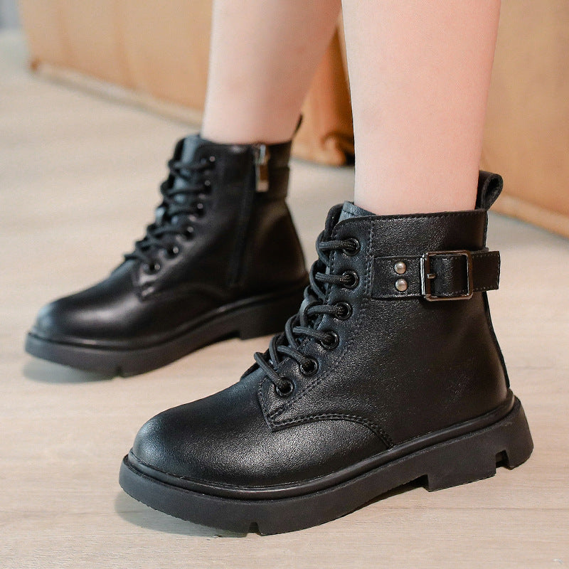 Zapatos para niños de estilo británico, botas de cuero con suela blanda, botas cortas para niños