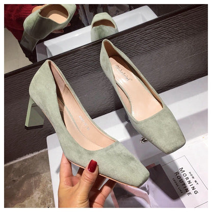 Square Toe Chunky Heel Suede Single Shoes Versatile Mid-heel Shoes