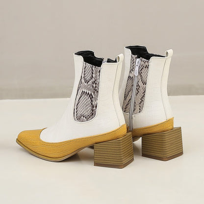 Bottes courtes pointues à talon épais et imprimé serpent pour femmes