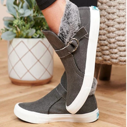 Women's Platform Boots With Velvet Belt Buckle