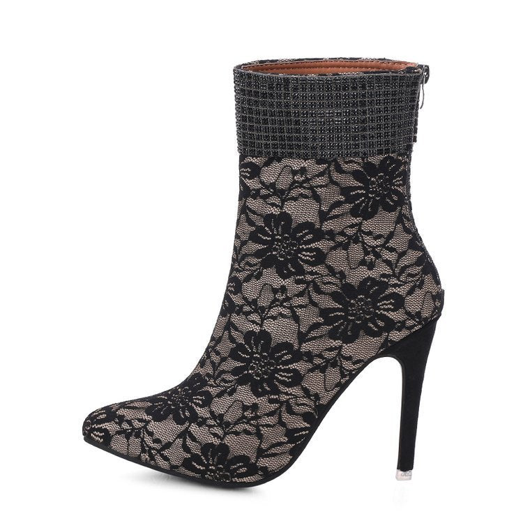 Lace mesh fine-heeled medium boots women