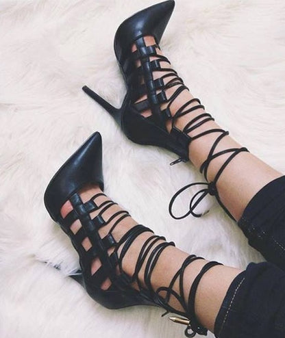 Pointed-toe high heel lace-up Roman shoes