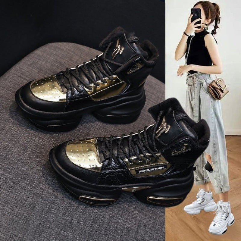 Winter New Trendy Women's High-Top Plus Velvet Shiny Thick-Soled Cotton Shoes