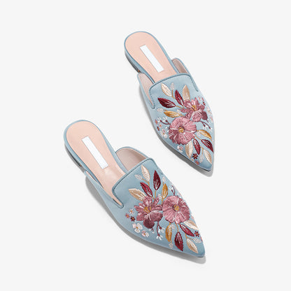 Code embroidery tipped a pedal lazy low heel women's slippers