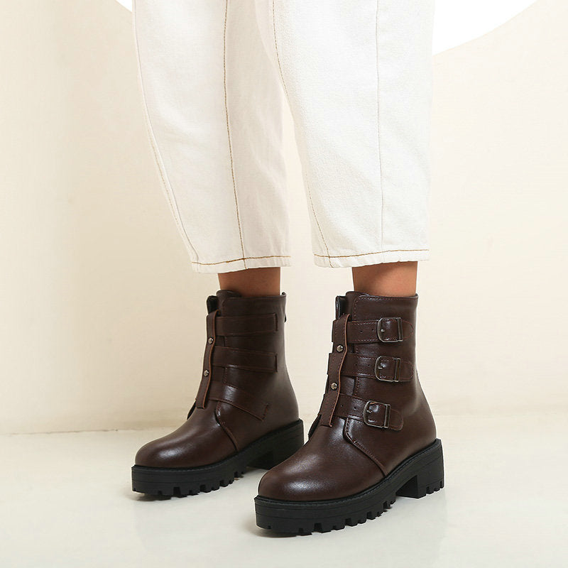 Thick-soled Round Toe Martin Boots with belt buckle