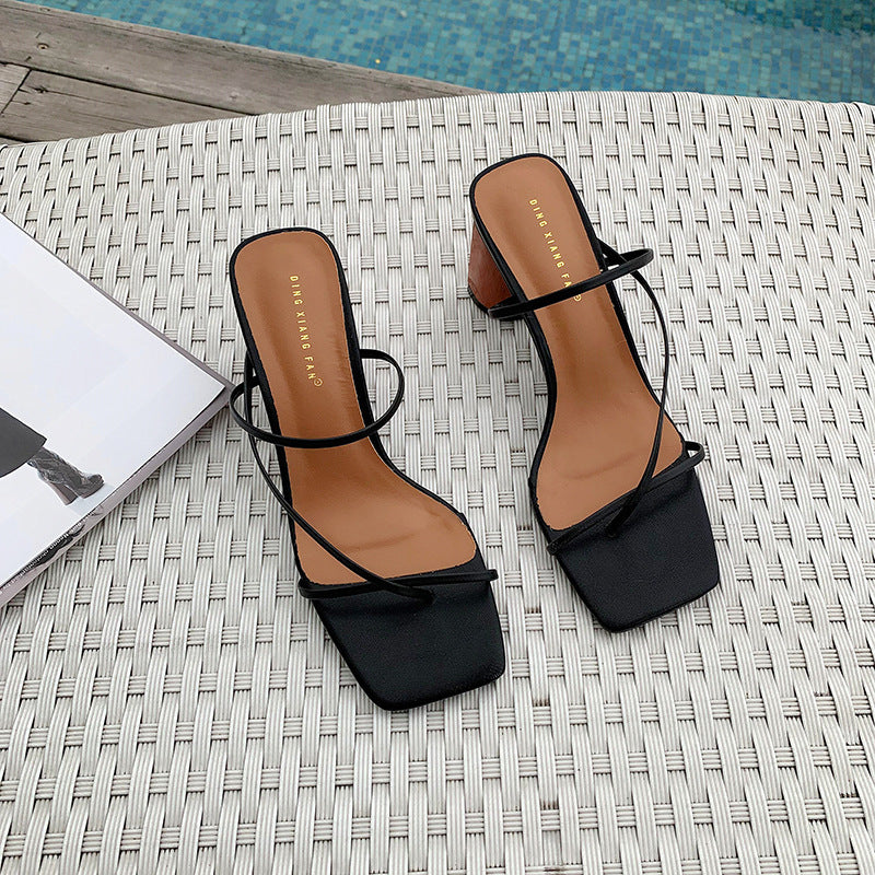 Square toe  thin strap chunky heel sandals