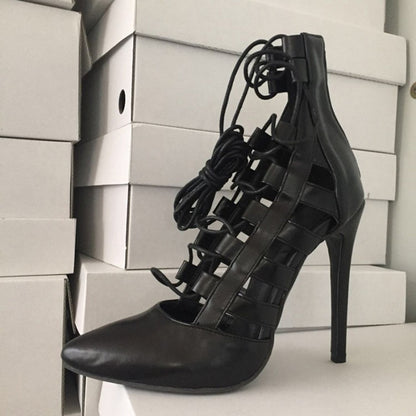 Pointed-toe high heel lace-up Roman shoes