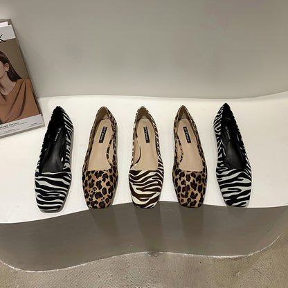 Korean Style Square Toe Zebra Pattern Thick Heel Flat Shoes Versatile Shallow Mouth