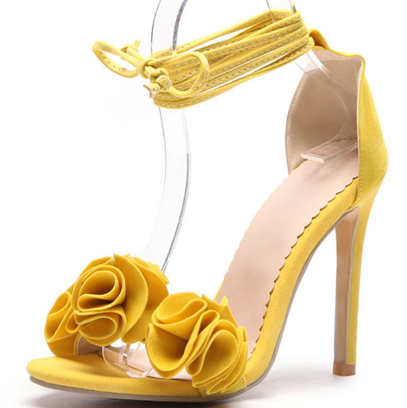 High-heeled sandals women's fine with flowers suede women's shoes large size 40-52 strap shoes