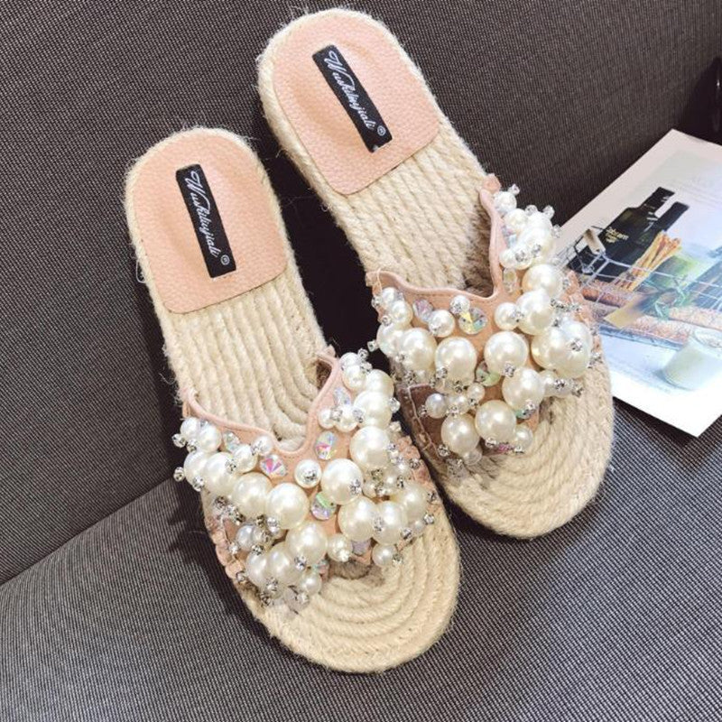 Rhinestone open-toe flat shoes