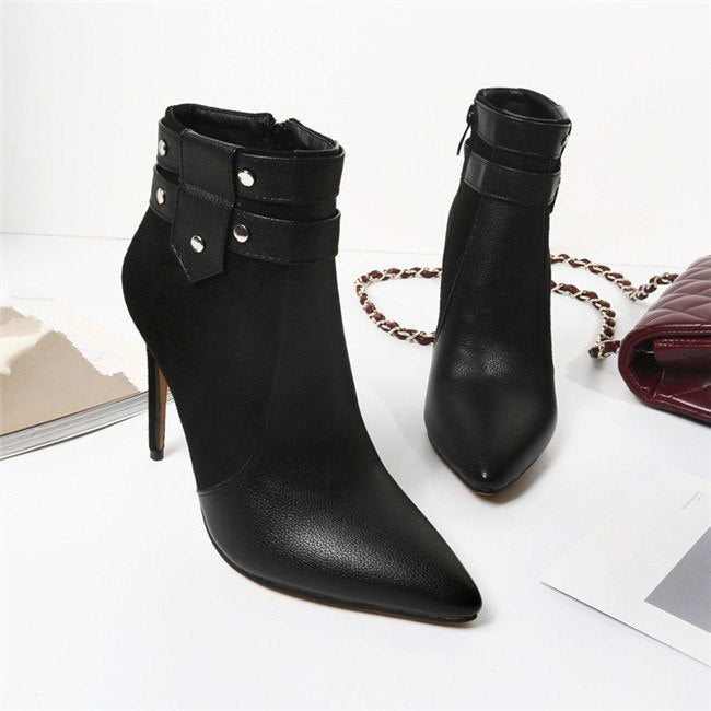 Fashion Retro Thin High Heels Buckle Strap Rivets Ankle Boots Plus Size Women Winter Shoes Blue Black Red Stiletto