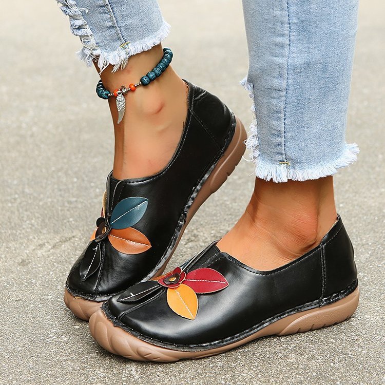 Zapatos sencillos para mujer, mocasines bajos con punta redonda y diseño retro de flores