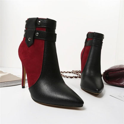 Fashion Retro Thin High Heels Buckle Strap Rivets Ankle Boots Plus Size Women Winter Shoes Blue Black Red Stiletto