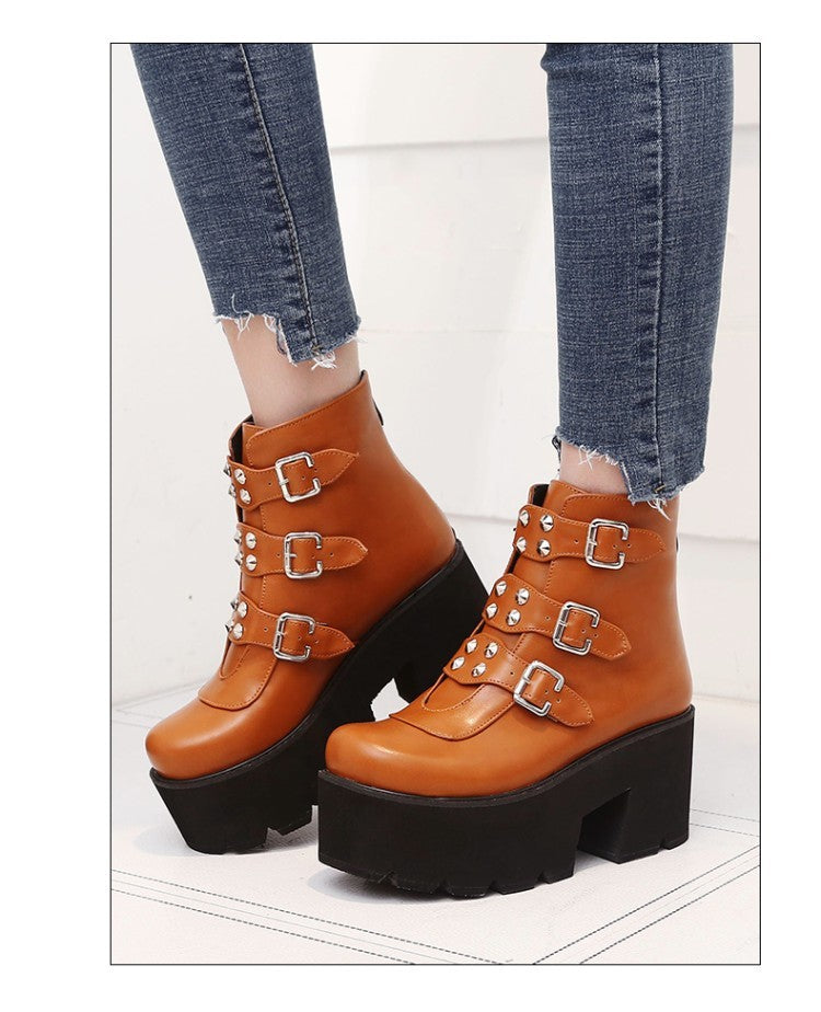 Rivet belt buckle zipper ankle boots