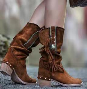 Fringed mid-tube women's boots